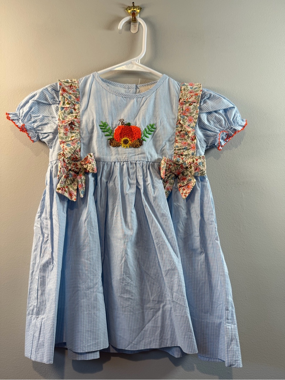 Babeeni French Knot Pumpkin Appliqué Girls' Halloween Dress Blue/White 3T NWT